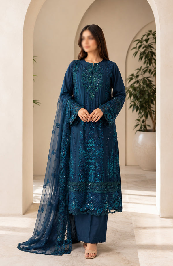 Amna Khadija Neroli Embroidered Chiffon Stitched 3 Piece Suit - AKPNC-01 - AKP26NARL - Blue - Festive Collection