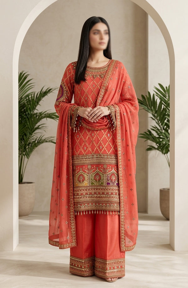 Amna Khadija Neroli Embroidered Chiffon Stitched 3 Piece Suit - AKPNC-02 - AKP26NARL - Orange - Festive Collection