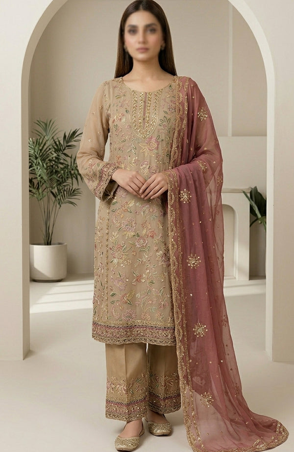 Amna Khadija Neroli Embroidered Chiffon Stitched 3 Piece Suit - AKPNC-03 - AKP26NARL - Beige - Festive Collection