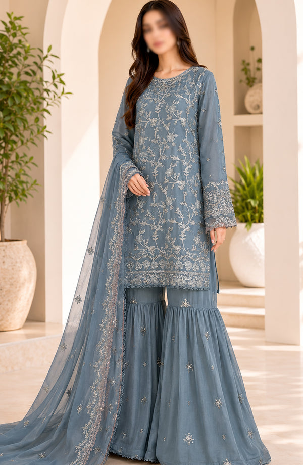 Amna Khadija Neroli Embroidered Chiffon Stitched 3 Piece Suit - AKPNC-04 - AKP26NARL - Blue - Festive Collection