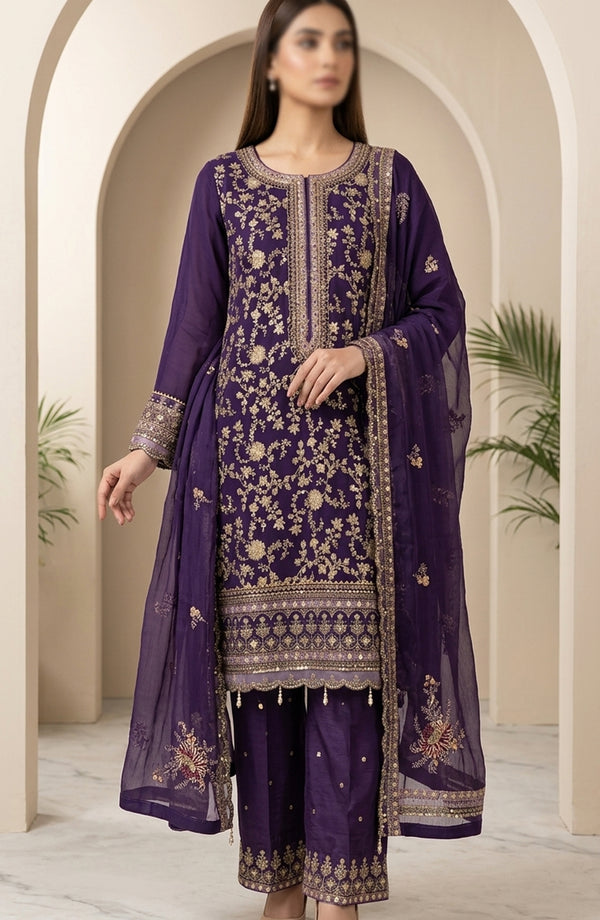 Amna Khadija Neroli Embroidered Chiffon Stitched 3 Piece Suit - AKPNC-06 - AKP26NARL - Purple - Festive Collection