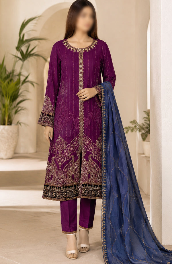 Amna Khadija Neroli Embroidered Chiffon Stitched 3 Piece Suit - AKPNC-07 - AKP26NARL - Burgundy - Festive Collection