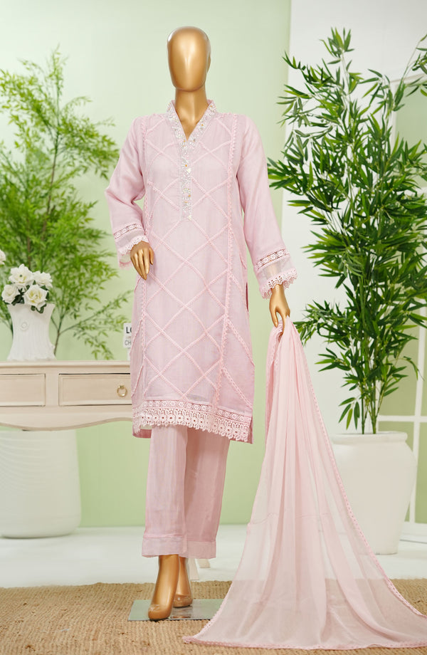 Nyra by Amna Khadija Embroidered Khaddi Net Stitched 3 Piece Suit D - 09 -  Pink