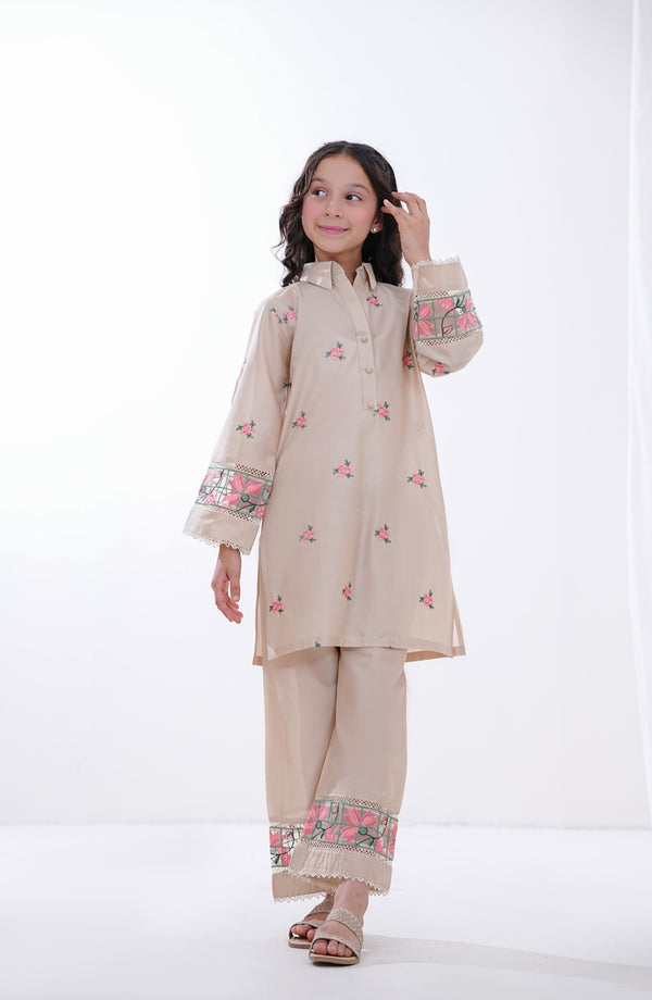 Guriya by Amna Khadija Embroidered Cotton Stitched 2 Piece Suit - GCE-11 - AKP26GUR - Biege - Girls Collection