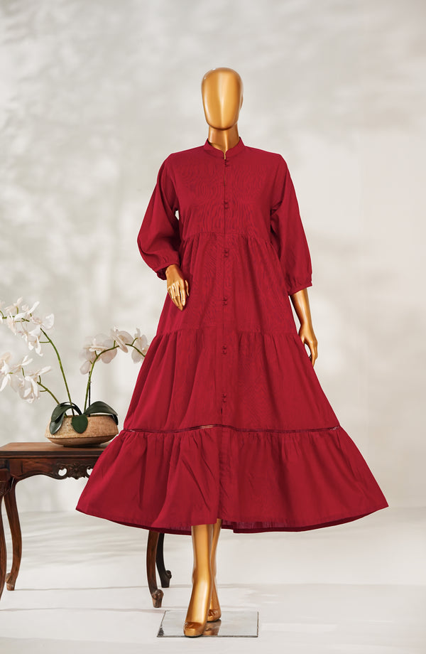 Amna Khadija Printed Khaddar Stitched Frock - FMAM - 02 - Maroon - Frock Mode Collection