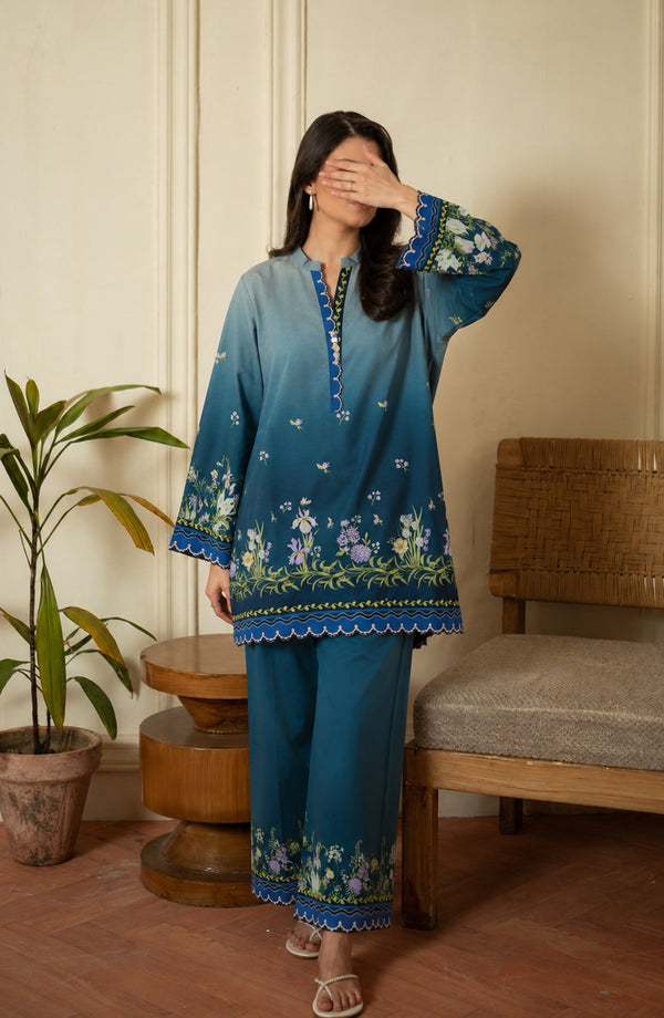 Rozana Printed Polly Silk Stitched 2 Piece Co-ord Set - ROZ-01 - ROZN26 - Blue - Summer Collection