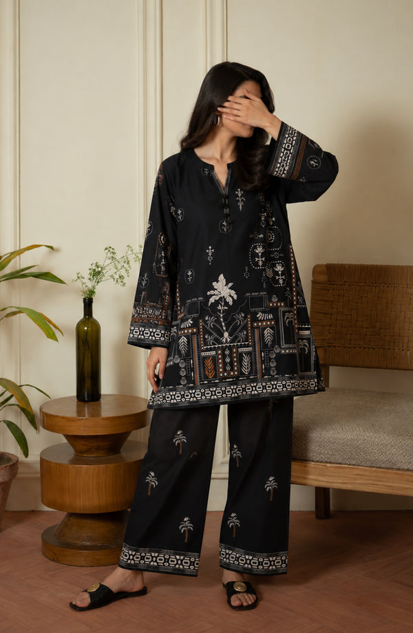 Rozana Printed Polly Silk Stitched 2 Piece Co-ord Set - ROZ-02 - ROZN26 - Black - Summer Collection