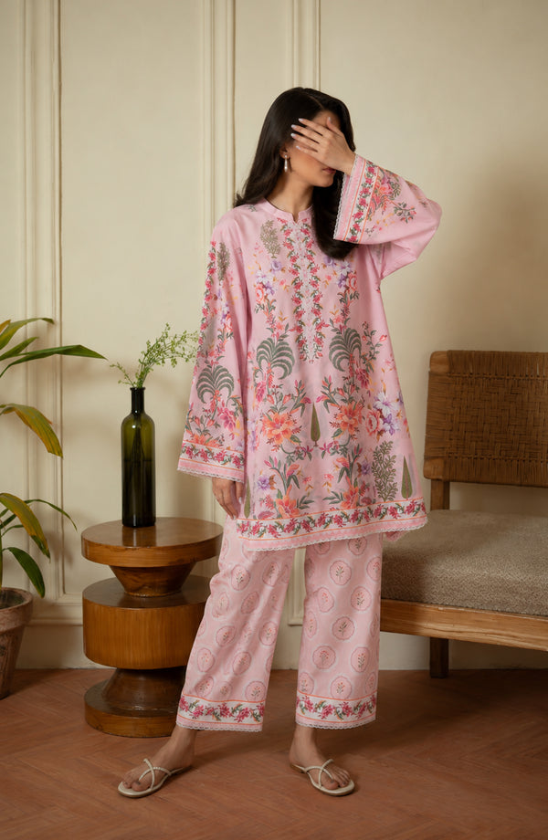Rozana Printed Polly Silk Stitched 2 Piece Co-ord Set - ROZ-03 - ROZN26 - Pink - Summer Collection