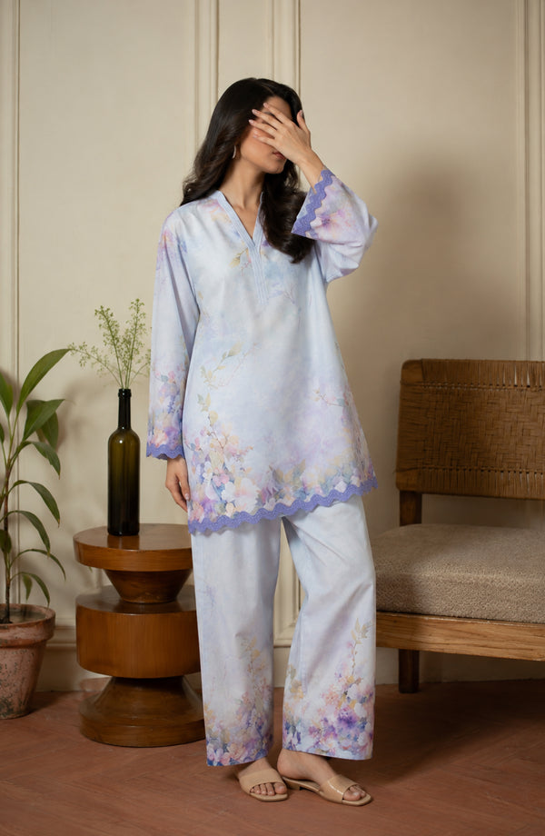 Rozana Printed Polly Silk Stitched 2 Piece Co-ord Set - ROZ-04 - ROZN26 - Ice Blue - Summer Collection