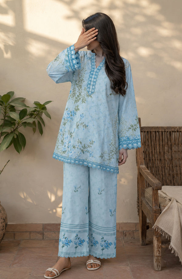 Rozana Printed Polly Silk Stitched 2 Piece Co-ord Set - ROZ-05 - ROZN26 - Sky Blue - Summer Collection