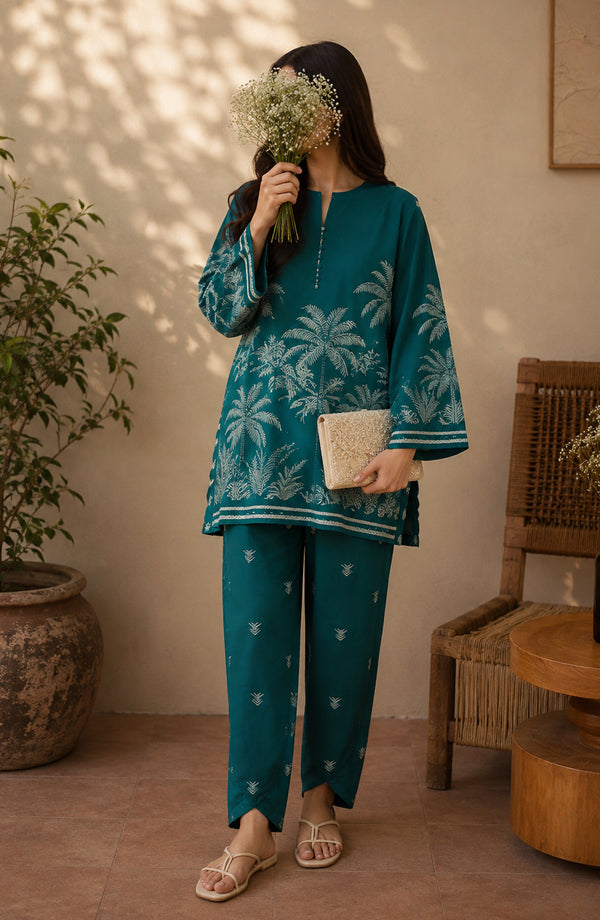 Rozana Printed Polly Silk Stitched 2 Piece Co-ord Set - ROZ-06 - ROZN26 - Green - Summer Collection