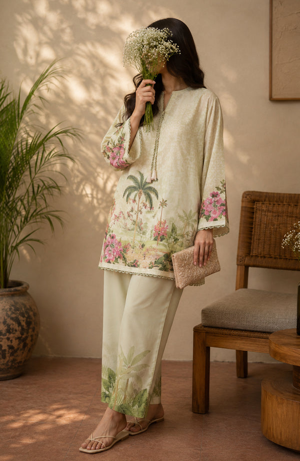 Rozana Printed Polly Silk Stitched 2 Piece Co-ord Set - ROZ-07 - ROZN26 - Pista Green - Summer Collection