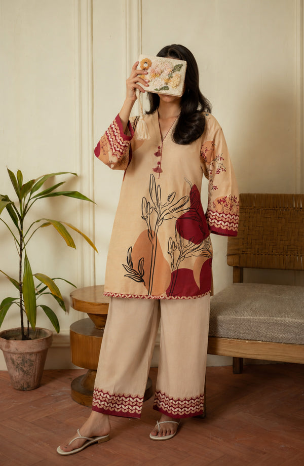 Rozana Printed Polly Silk Stitched 2 Piece Co-ord Set - ROZ-08 - ROZN26 - Fawn - Summer Collection