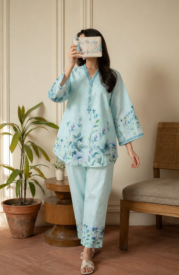 Rozana Printed Polly Silk Stitched 2 Piece Co-ord Set - ROZ-09 - ROZN26 - Light Ferozi - Summer Collection