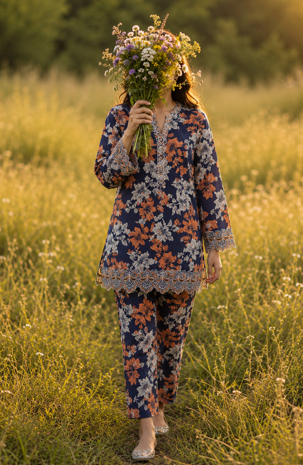 Summer Essentials Embroidered Chikankari Lawn Stitched 2 Piece Co-ord Set - SE-29 - FRUO26 - Blue - Summer Collection
