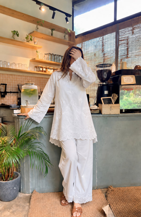 White Luxe Embroidered Cotton Stitched 2 Piece Co-ord Set - WL-06 - WLX26 - White - Summer Collection