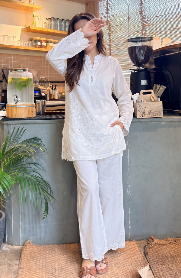 White Luxe Embroidered Cotton Stitched 2 Piece Co-ord Set - WL-07 - WLX26 - White - Summer Collection