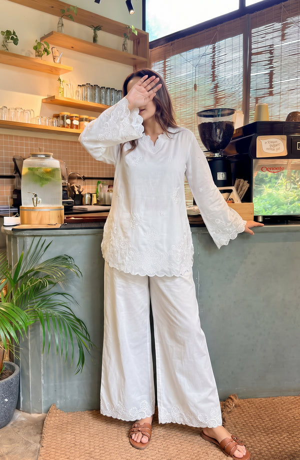White Luxe Embroidered Cotton Stitched 2 Piece Co-ord Set - WL-09 - WLX26 - White - Summer Collection