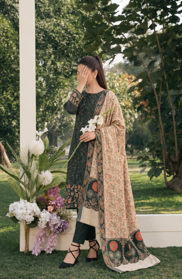 Aveline Printed Supreme Wool Unstitched 3 Piece Suit - AKAW-13 - AM26TRV - Green - Winter Collection