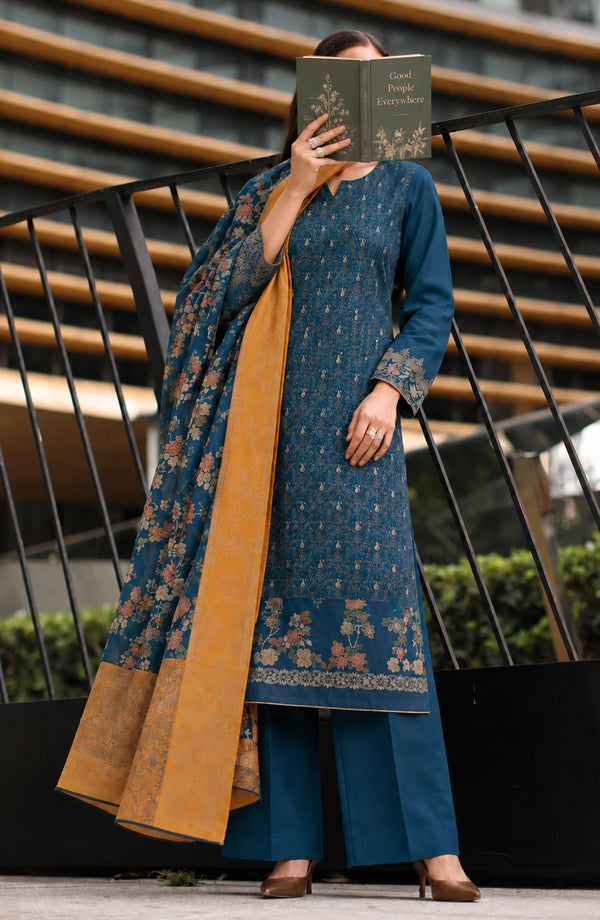Aveline Printed Supreme Wool Unstitched 3 Piece Suit - AKAW-07 - AM26VLN - Blue - Winter Collection