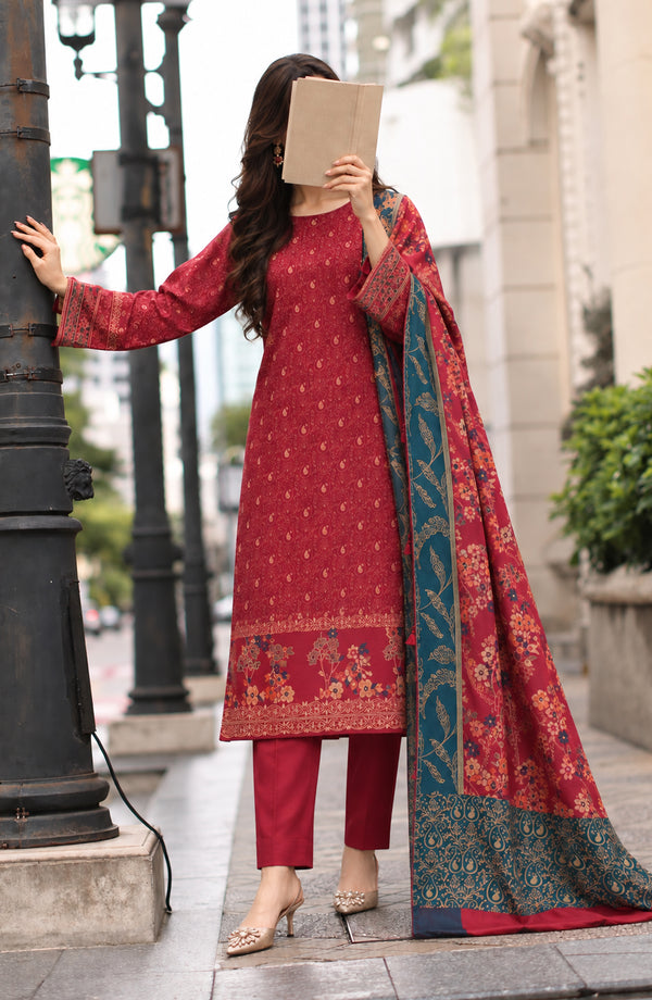 Aveline Printed Supreme Wool Unstitched 3 Piece Suit - AKAW-08 - AM26VLN - Red - Winter Collection