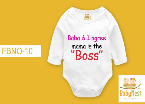 Rompers By Baby Nest Baba And I Agree Mama Is The Boss RBT WHITE-FBNO-10-Full Sleeves Onesie