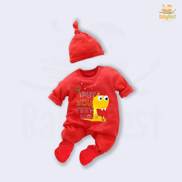 Jumpsuit By Baby Nest Baby Jumpsuit With Cap WITHOUT SOCK BNBJS-66 PUT YOU FEET UP – RED