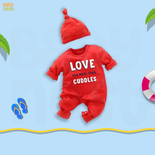 Jumpsuit By Baby Nest Baby Jumpsuit With Cap – Love You More Than Cuddles – Red