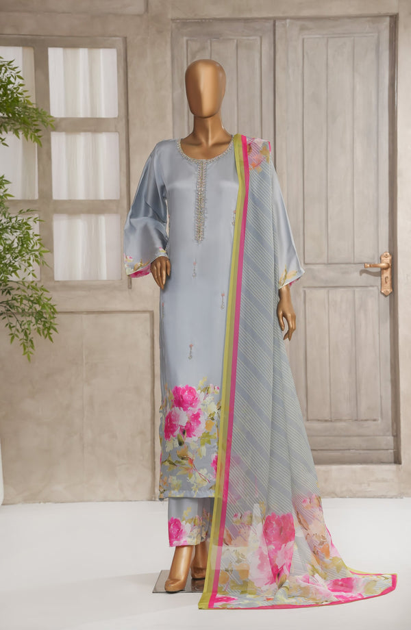 Batari Charmeous by Amna Khadija Printed Poly Charmeous Silk Stitched 3 Piece Suit - BCM-04 - AM25BAT - Blue - Casual Collection