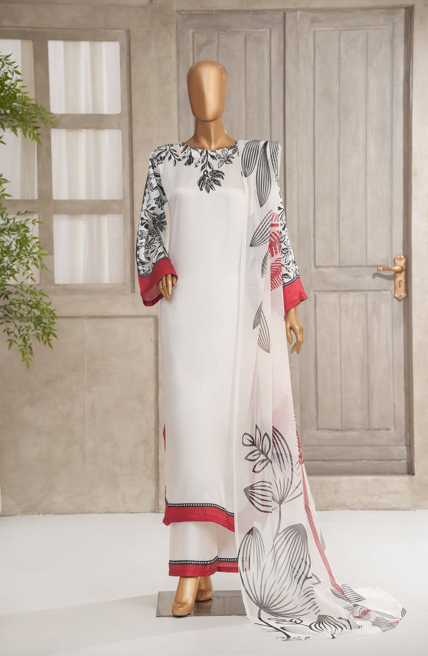 Batari Charmeous by Amna Khadija Printed Poly Charmeous Silk Stitched 3 Piece Suit - BCM-01 - AM25BAT - White - Casual Collection