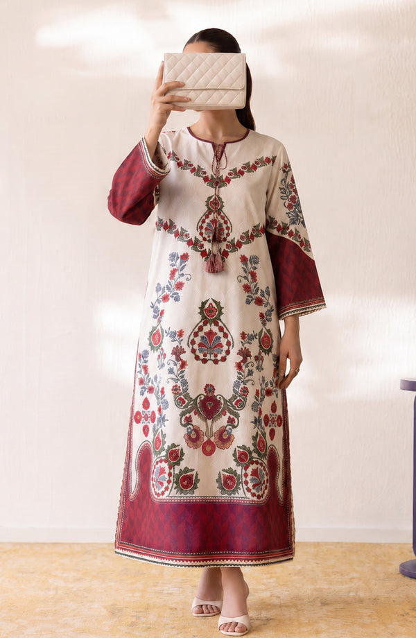 Boho Printed D Crepe Stitched Kaftan - BOH-01 - BOH26 - Cream - Summer Collection