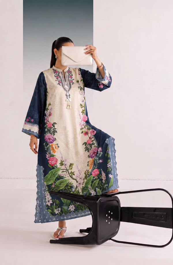 Boho Printed D Crepe Stitched Kaftan - BOH-03 - BOH26 - Blue White - Summer Collection