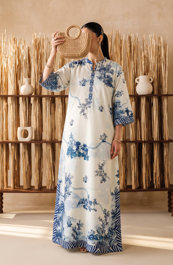 Boho Printed D Crepe Stitched Kaftan - BOH-05 - BOH26 - White - Summer Collection