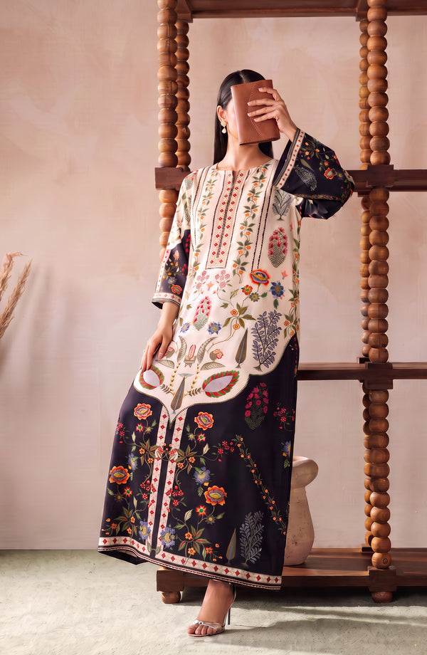 Boho Printed D Crepe Stitched Kaftan - BOH-06 - BOH26 - Black White - Summer Collection