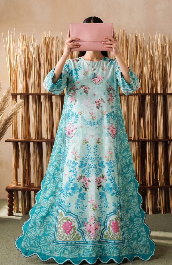 Boho Printed D Crepe Stitched Kaftan - BOH-07 - BOH26 - Ferozi - Summer Collection