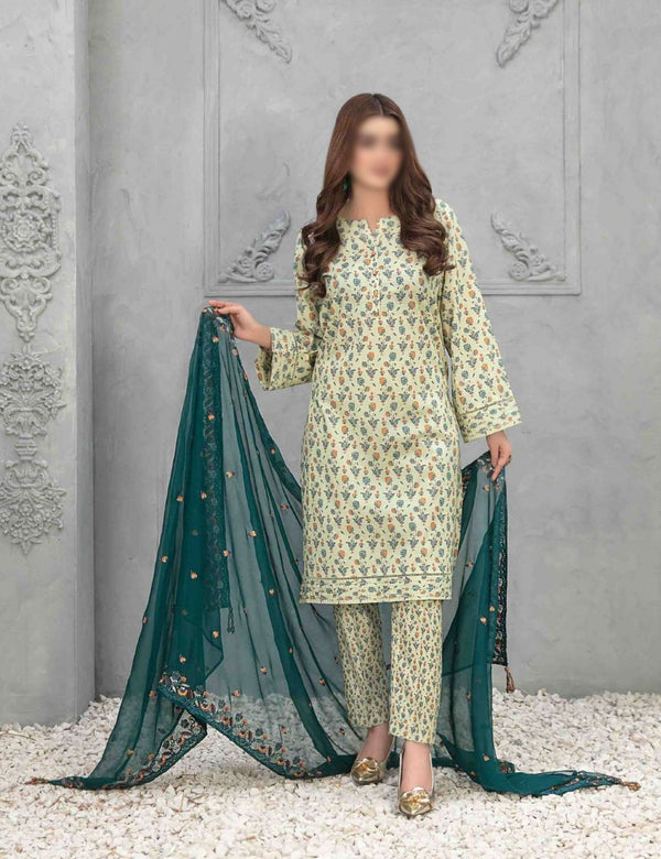 ZAIRA STITCHED Digital Printed Cotton Lawn 2Pcs  - Fancy Embroidered Chiffon Dupatta Collection 2023 D 8776