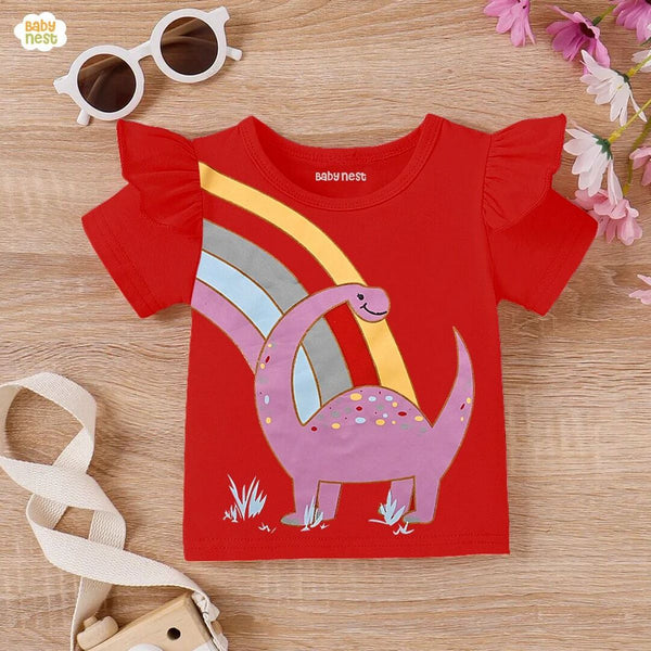 Baby Nest T-Shirts For Kids Dino Rainbow Frill Half Sleeves T-shirts For Kids Red - SBT-351