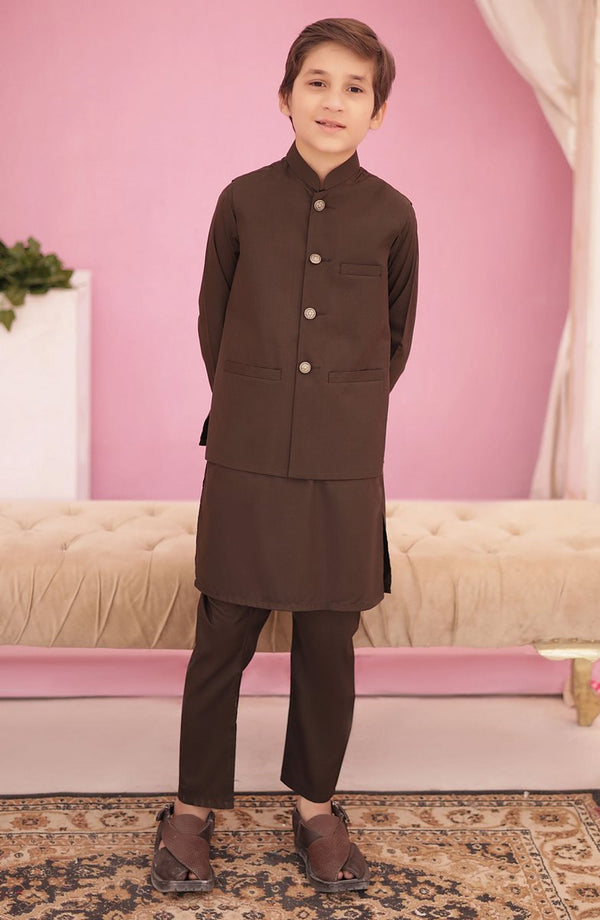 Eid Edit 3 Pcs 2024 By Hassan Jee EW 04 Rosewood Waistcoat Suit