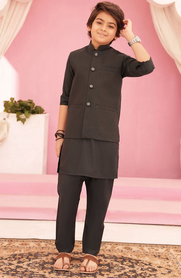 Eid Edit 3 Pcs 2024 By Hassan Jee EW 05 Charcoal Black Waistcoat Suit