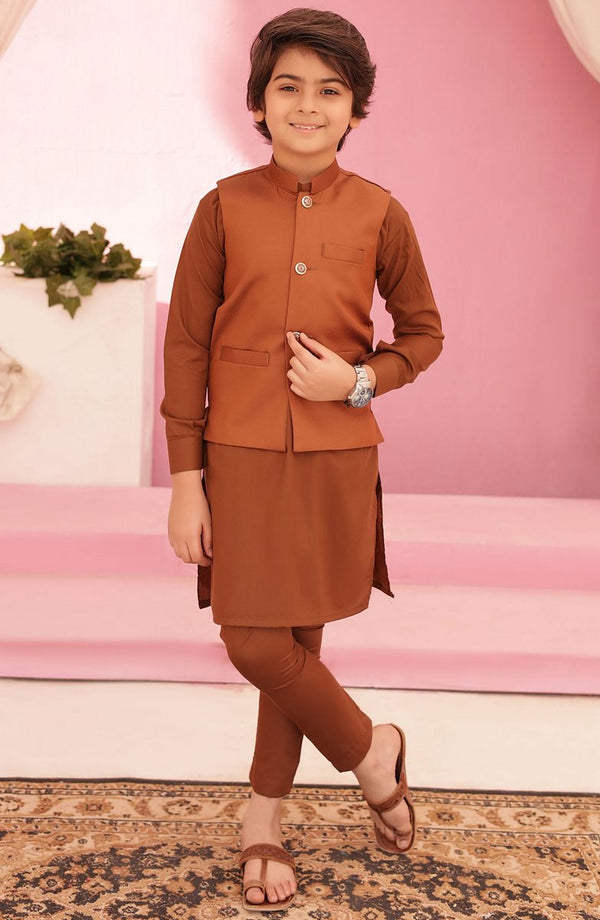 Eid Edit 3 Pcs 2024 By Hassan Jee EW 06 Almond Brown Waistcoat Suit