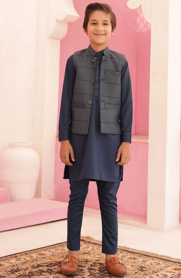 Eid Edit 3 Pcs 2024 By Hassan Jee EW 07 Sapphire Blue Waistcoat Suit