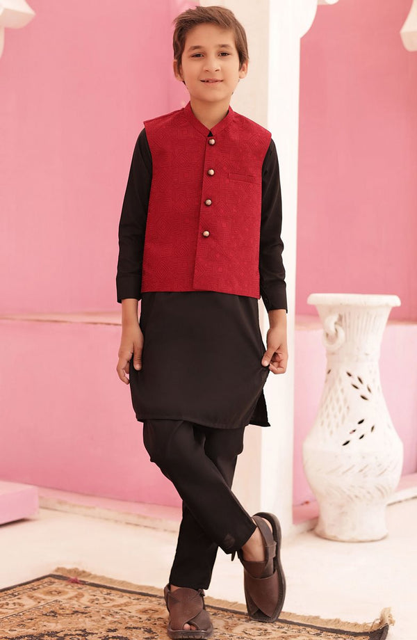 Eid Edit 3 Pcs 2024 By Hassan Jee EW 09 Red Waistcoat Suit