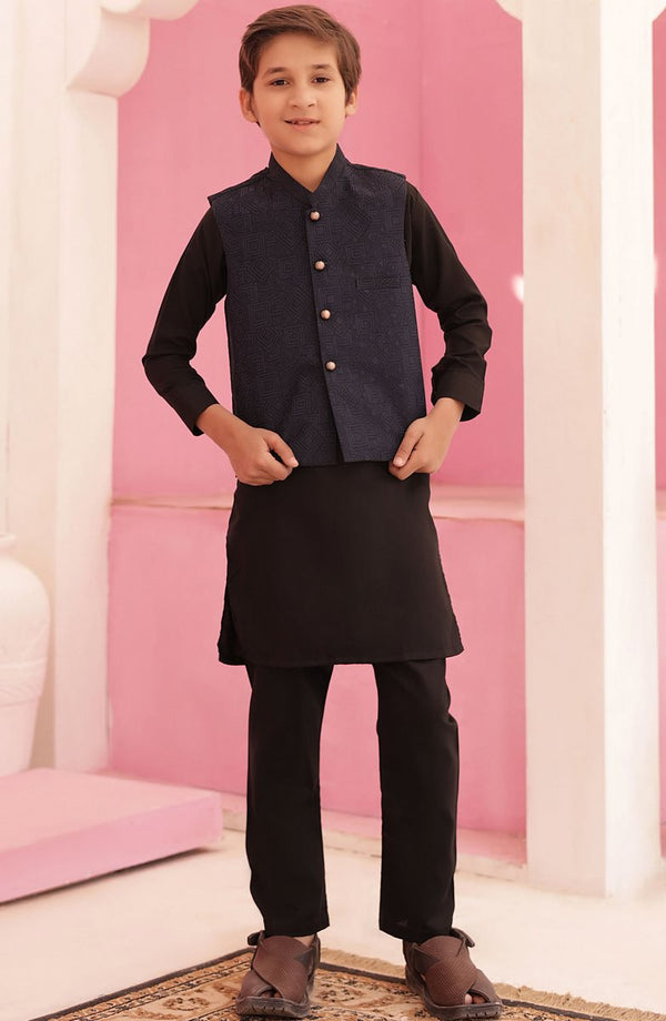 Eid Edit 3 Pcs 2024 By Hassan Jee EW 11  Deep Blue Waistcoat Suit