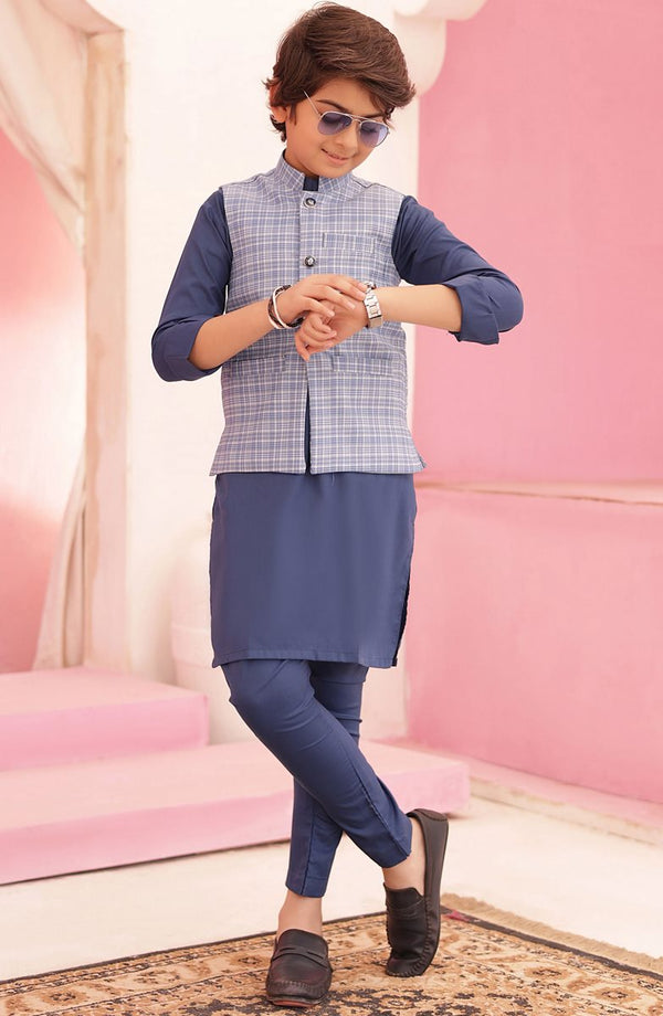 Eid Edit 3 Pcs 2024 By Hassan Jee EW 12  Blue Waistcoat Suit