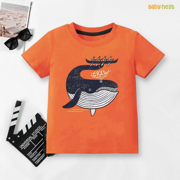 Baby Nest T-Shirts For Kids Easyclean - Water Repellent & Stain Resistant T-Shirt - SBT-355-D1-Crew Whale - Orange