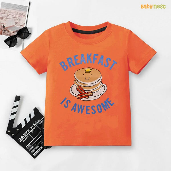 Baby Nest T-Shirts For Kids Easyclean - Water Repellent & Stain Resistant T-Shirt - SBT-355-D2 - Breakfast Is Awesome - Orange