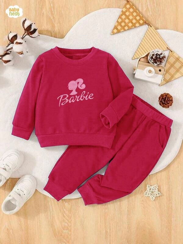 Baby Nest Sweat Shirts With Pants Embroidery Fleece Sweatshirt with Sweatpants – Barbie – Pink – Kids Wear 2 Pc Set