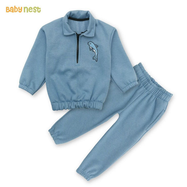 Baby Nest Sweat Shirts With Pants Embroidery Fleece Sweatshirt with Sweatpants – Dolphin – Blue – Kids Wear 2 Pc Set