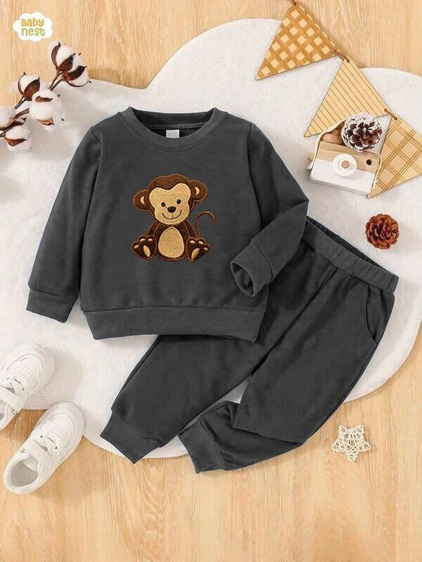 Baby Nest Sweat Shirts With Pants Embroidery Fleece Sweatshirt with Sweatpants – Monkey – Grey – Kids Wear 2 Pc Set