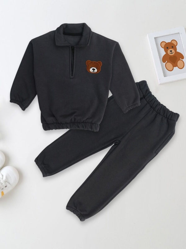 Baby Nest Sweat Shirts With Pants Embroidery Fleece Sweatshirt with Sweatpants – Teddy face – Black – Kids Wear 2 Pc Set